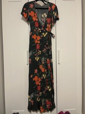 Patrons of Peace Black Maxi Wrap Dress with Orange & Yellow Floral Print